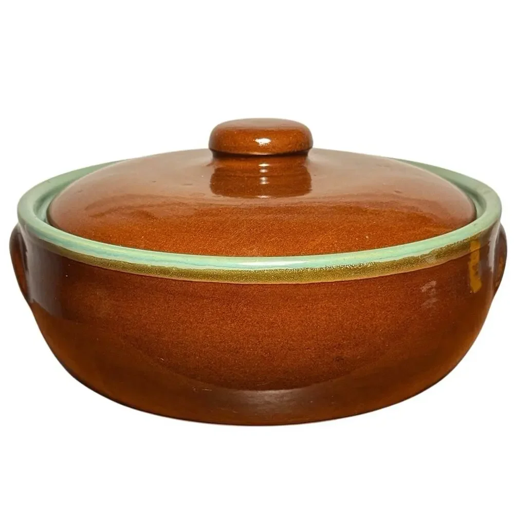 Vintage Country Fare Casserole Dish Tab Handles Brown Teal Glaze Stoneware USA